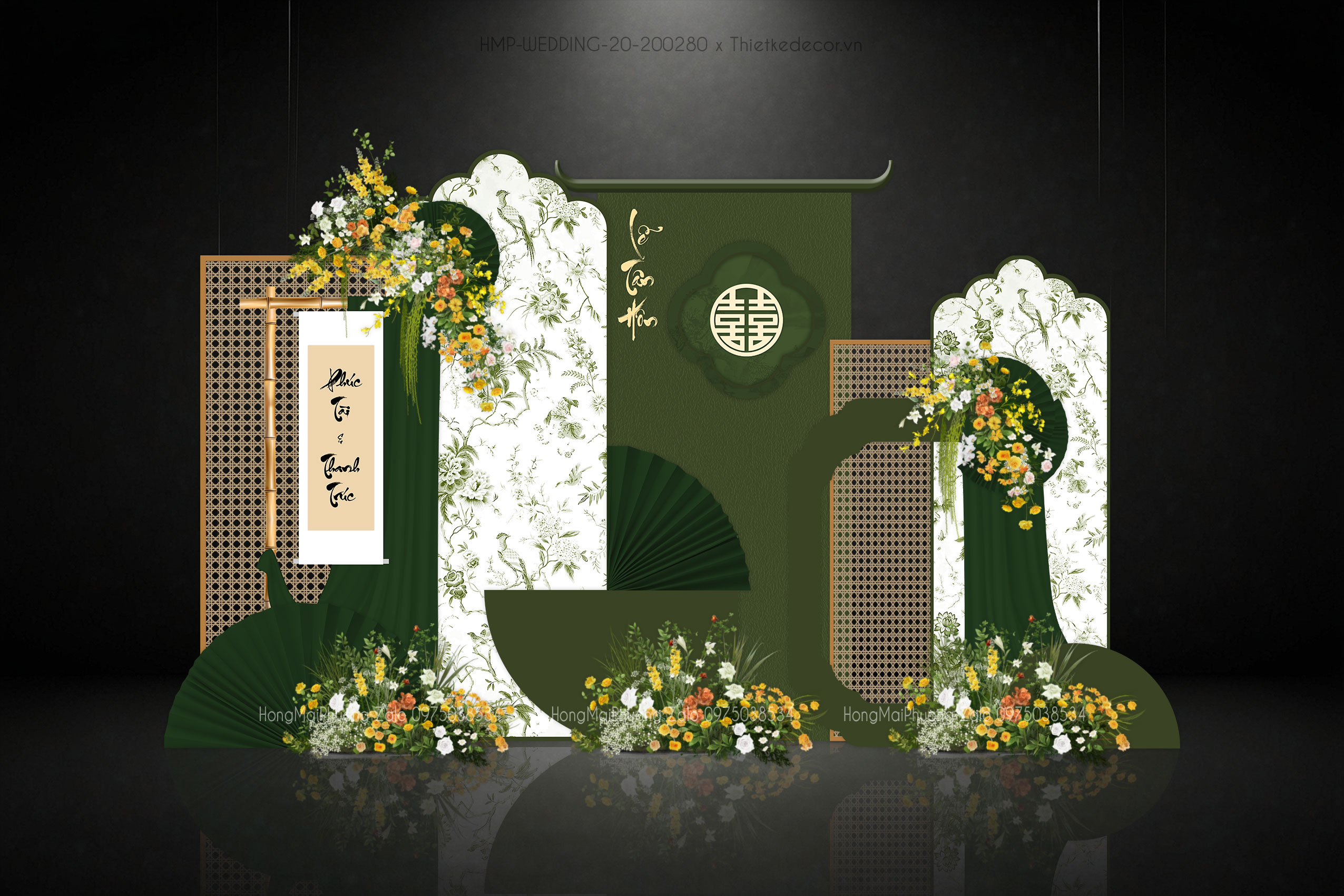 Backdrop check in tiệc cưới tone xanh lá style Trung Hoa